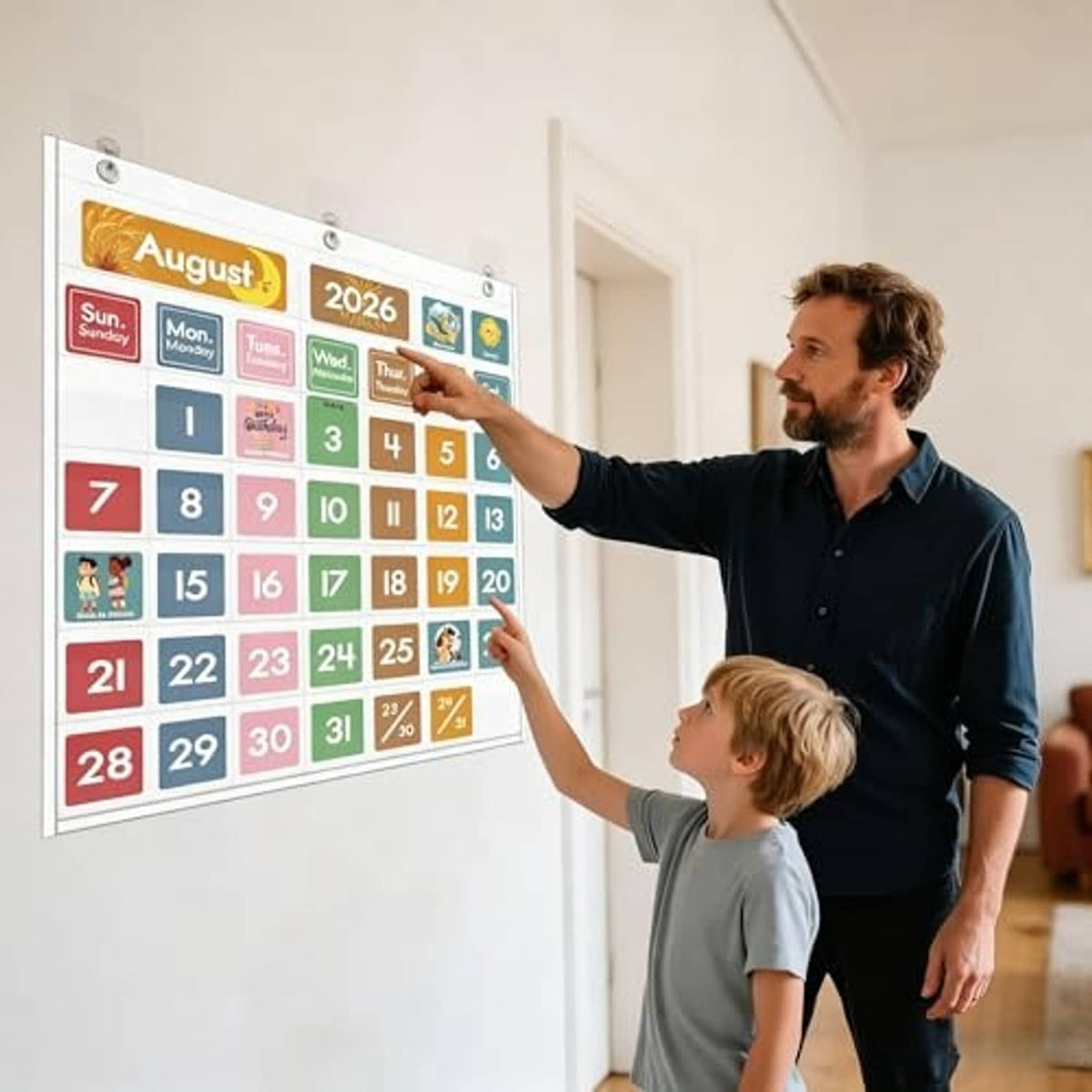 White pocket calendar chart on wall with colorful August 2026 date grid