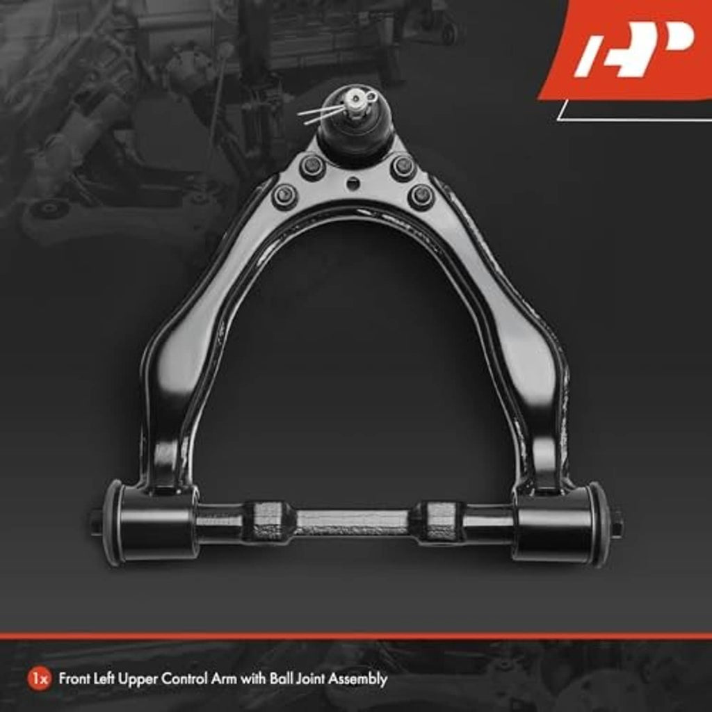 Front left upper control arm with ball joint and bushings, black steel frame
