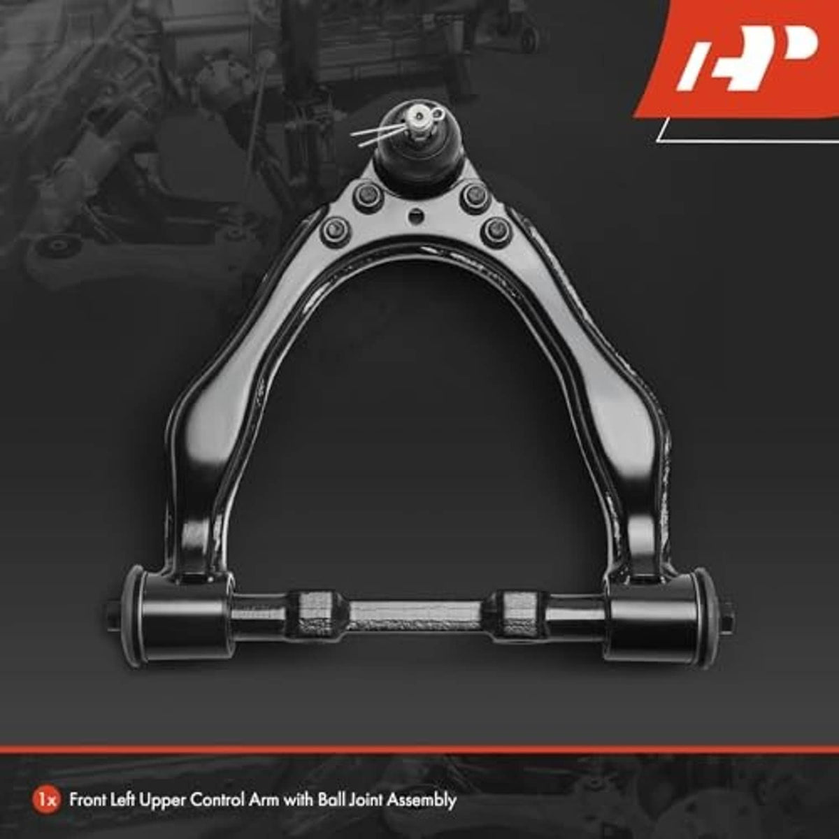 Front left upper control arm with ball joint and bushings, black steel frame