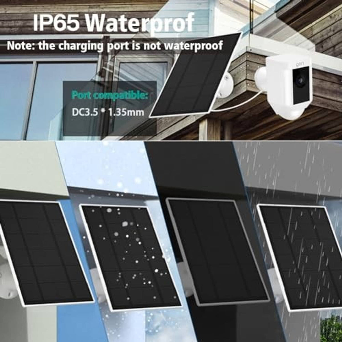 IP65 water-resistant solar panel charger with raindrop protection and side charging port