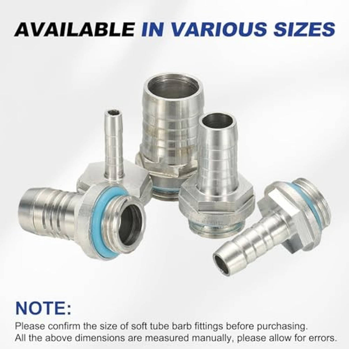 Set of 4 G1/4 male aluminum hose barb adapters with blue seal rings