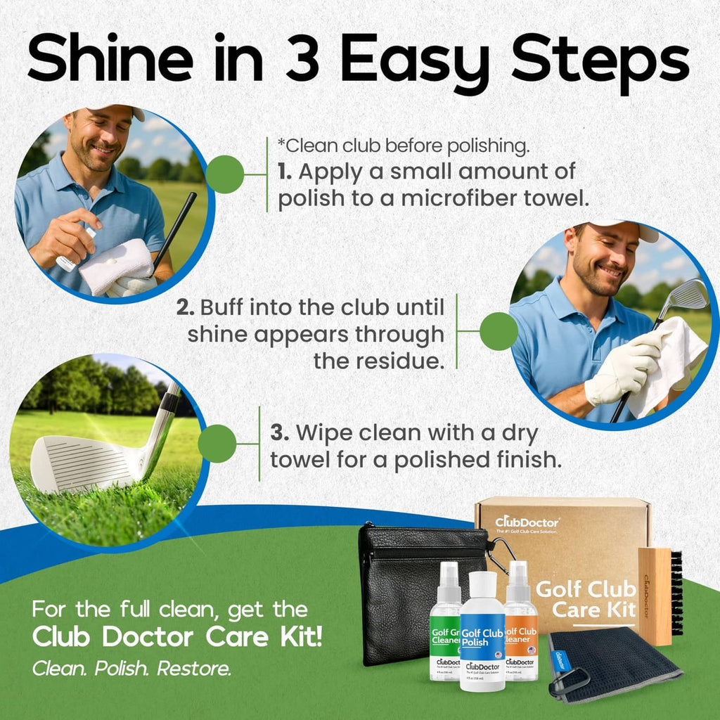 Golf club polish bottle with care kit items and boxes arranged on a golf practice area.