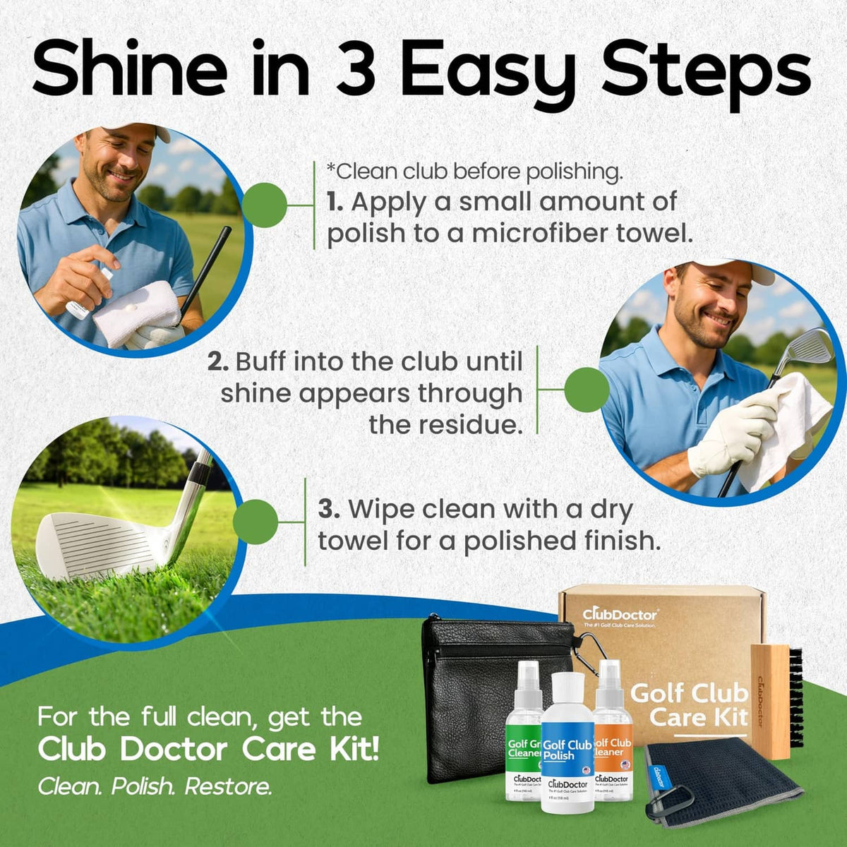 Golf club polish bottle with care kit items and boxes arranged on a golf practice area.