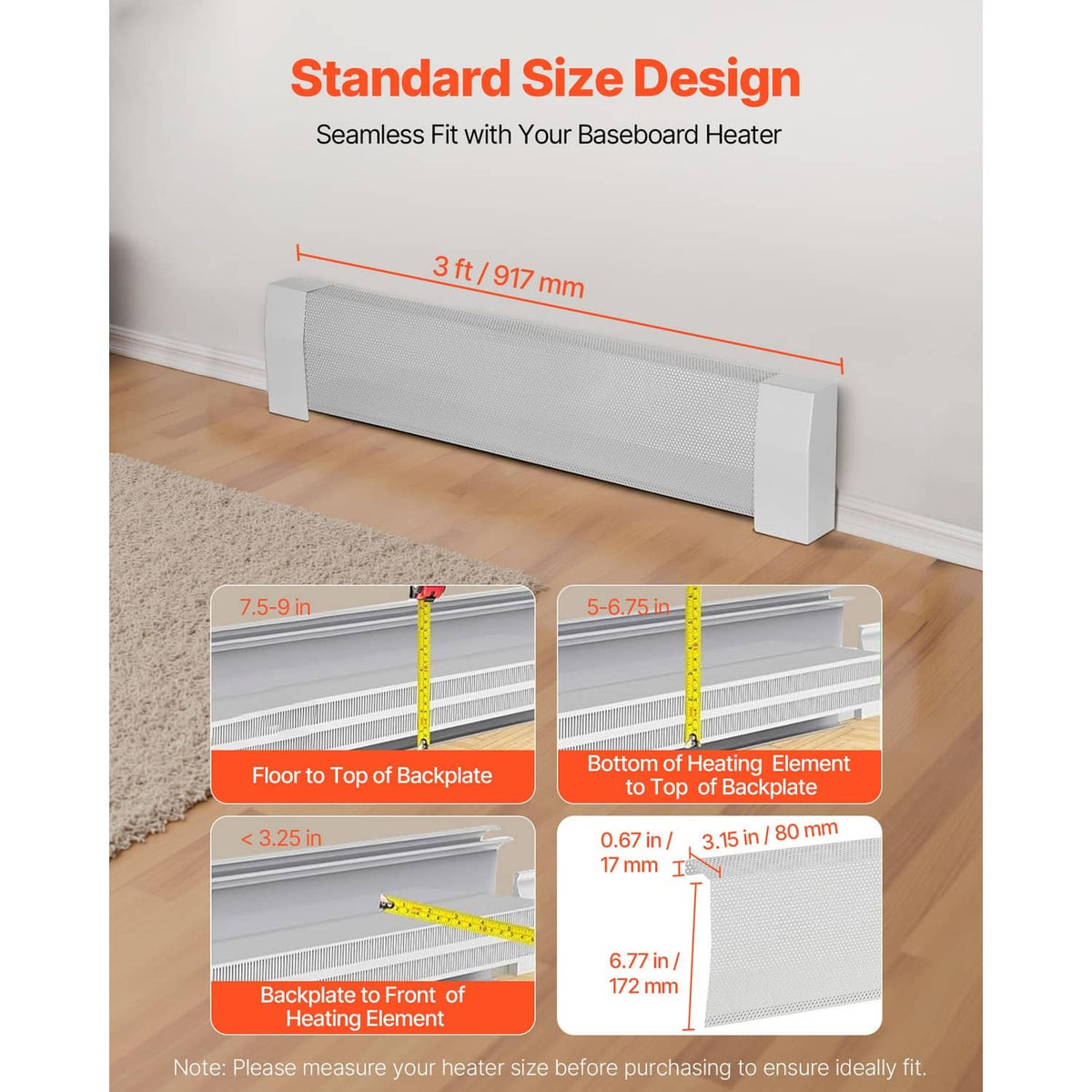 White baseboard heater cover installed along a baseboard, showing vented front panel