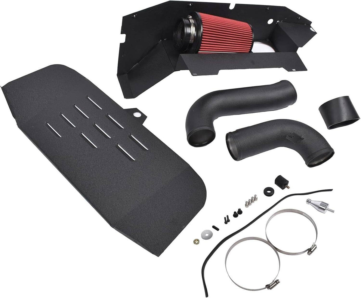 Cold air intake kit components: heat shield, red air filter, black hoses, clamps