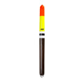 Weighted balsa pole float with orange tip, yellow band, and dark wood body