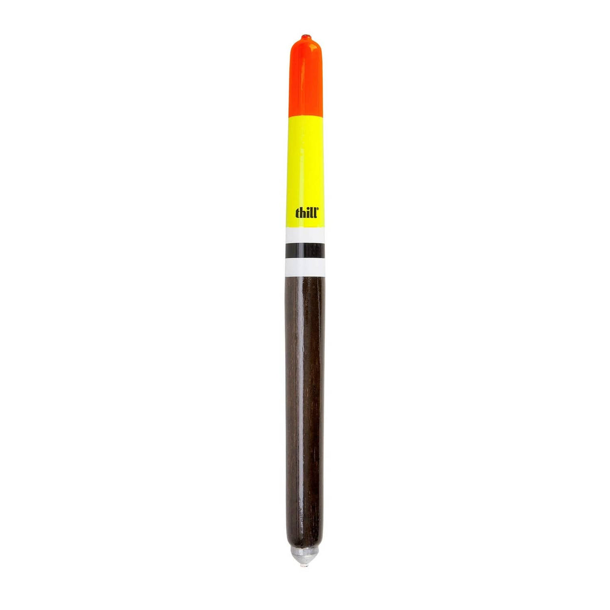 Weighted balsa pole float with orange tip, yellow band, and dark wood body