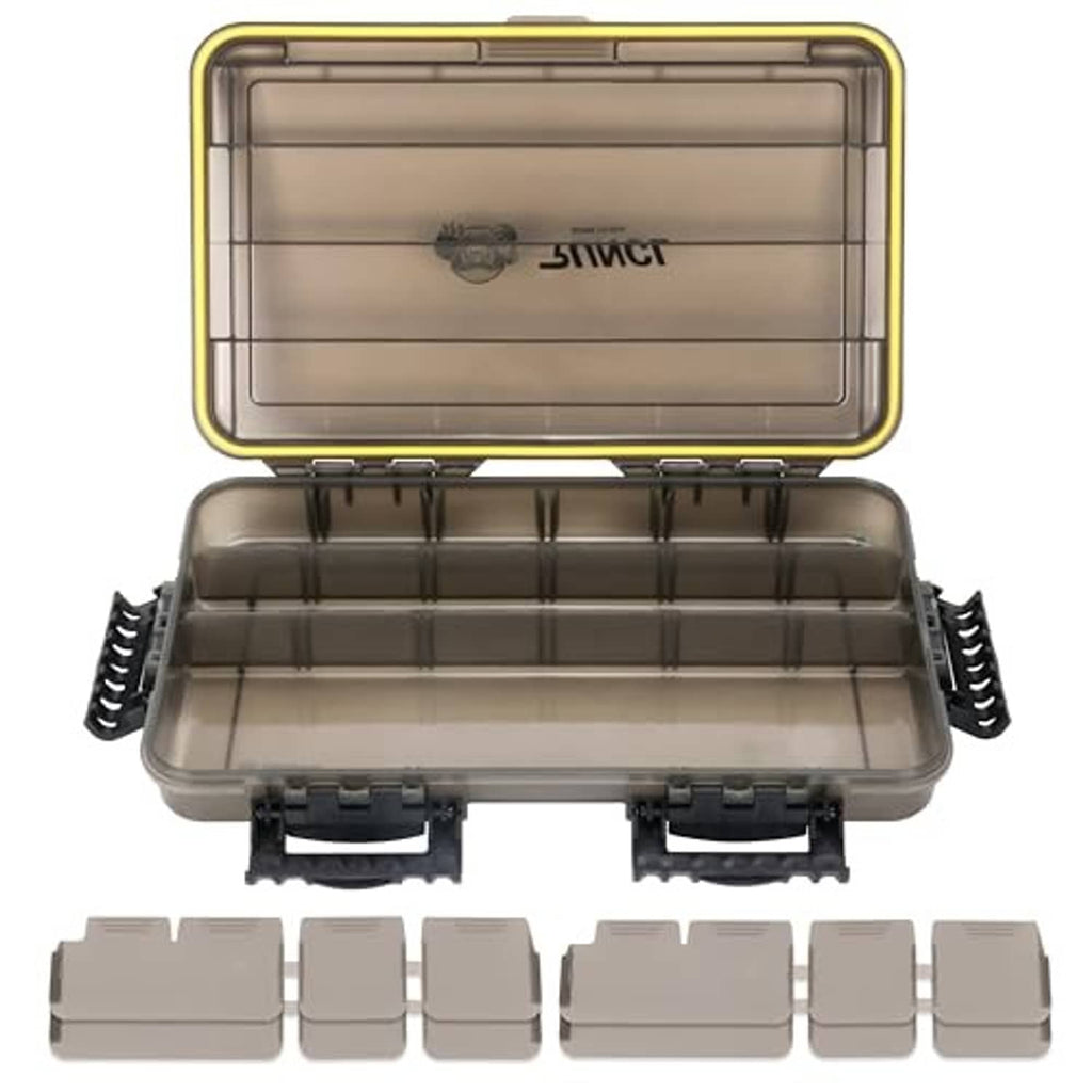 Waterproof tackle box with open lid, gray divider rails, and black latch handles
