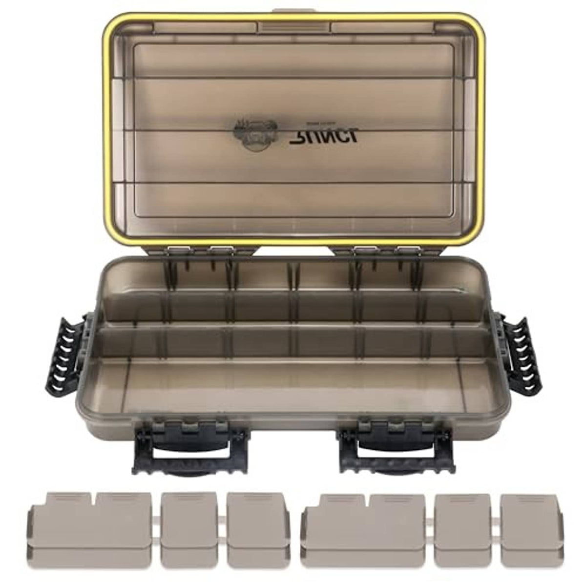 Waterproof tackle box with open lid, gray divider rails, and black latch handles