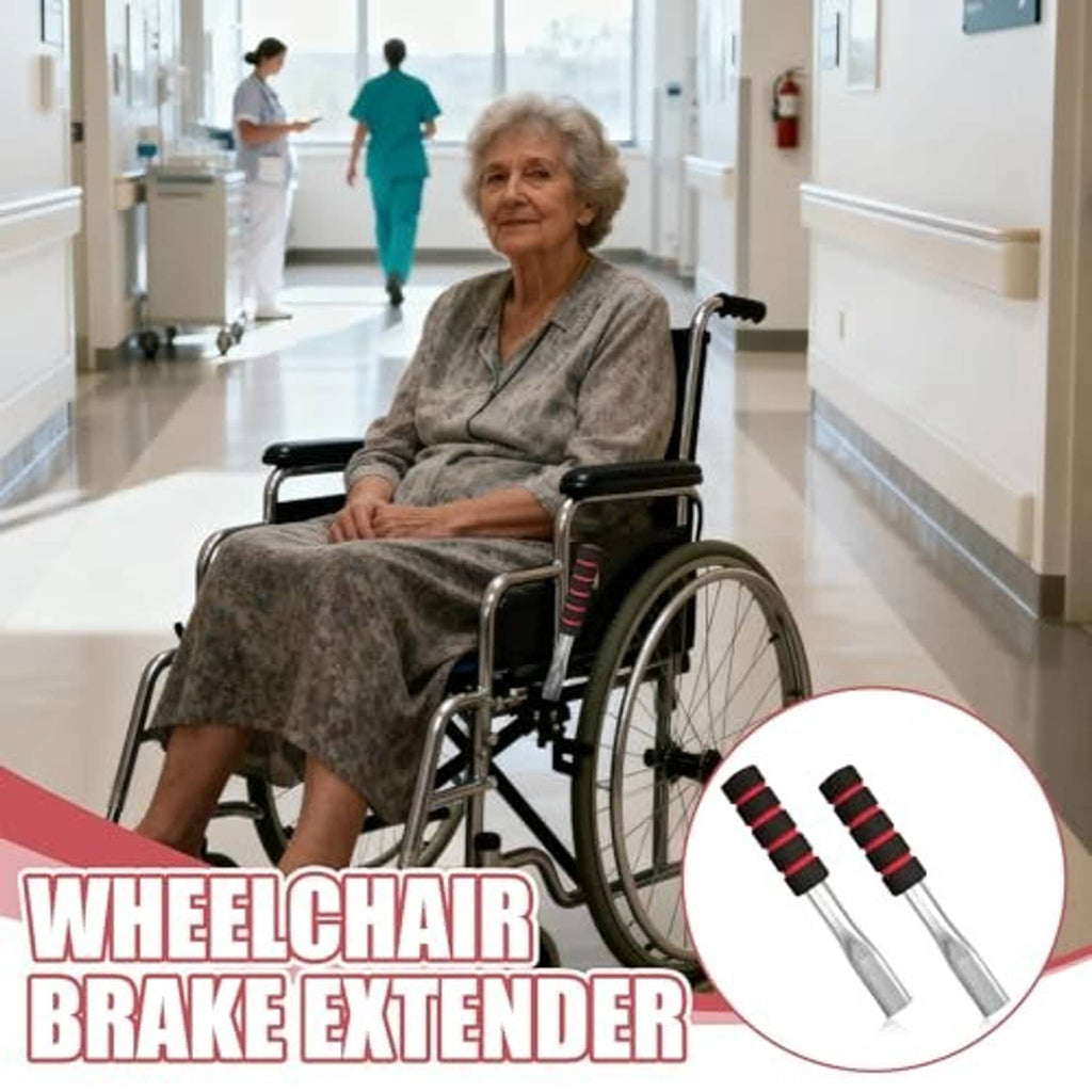 Wheelchair brake extender pair with black/red foam grips on silver handles