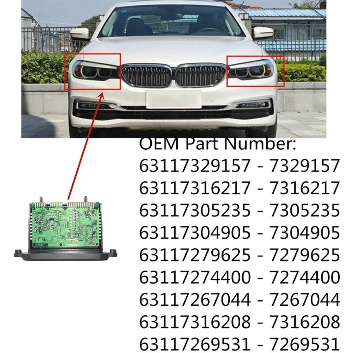 Adaptive headlight control module circuit board with black housing near front headlight