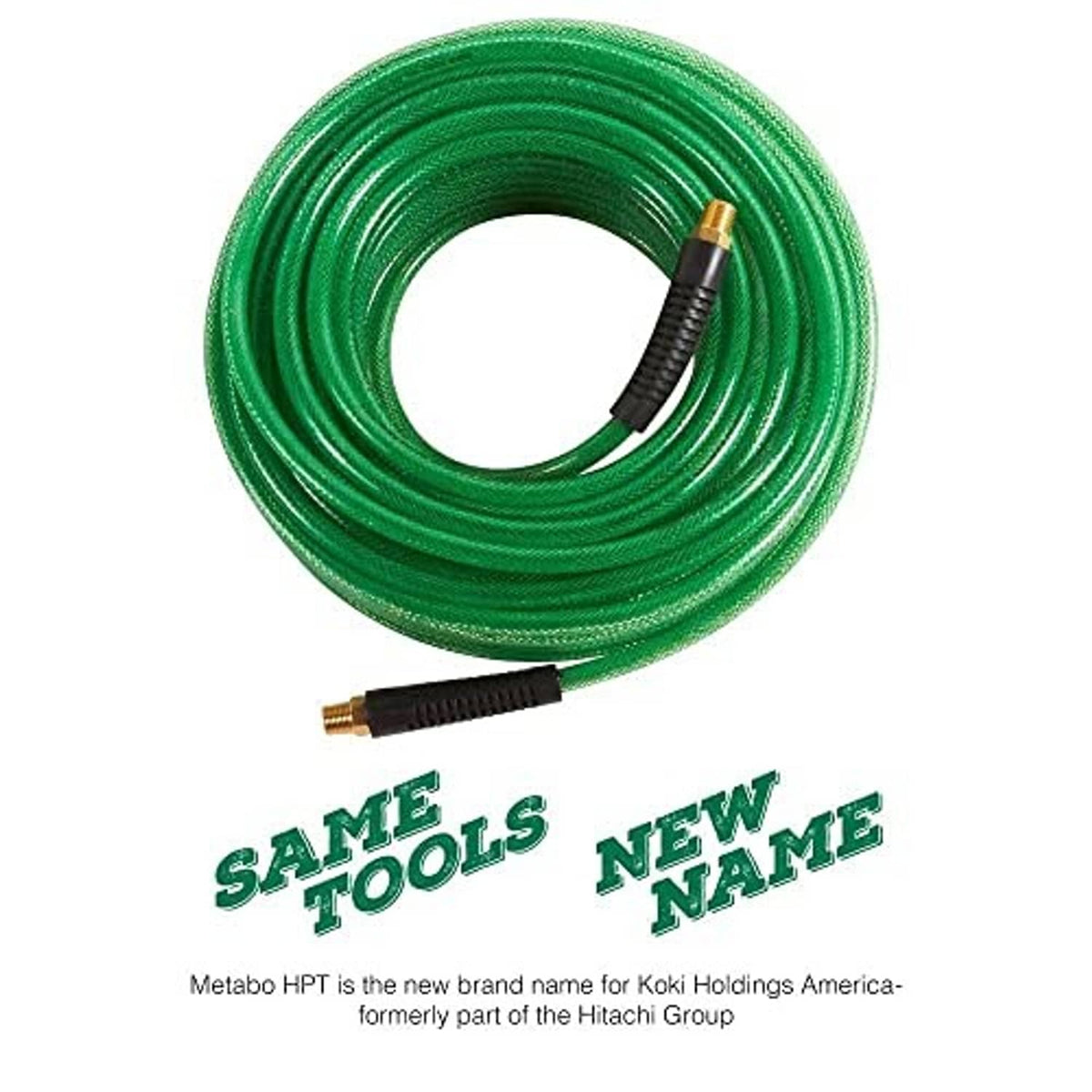 Coiled green air hose with black connectors and brass fitting ends, 1/4 in size.