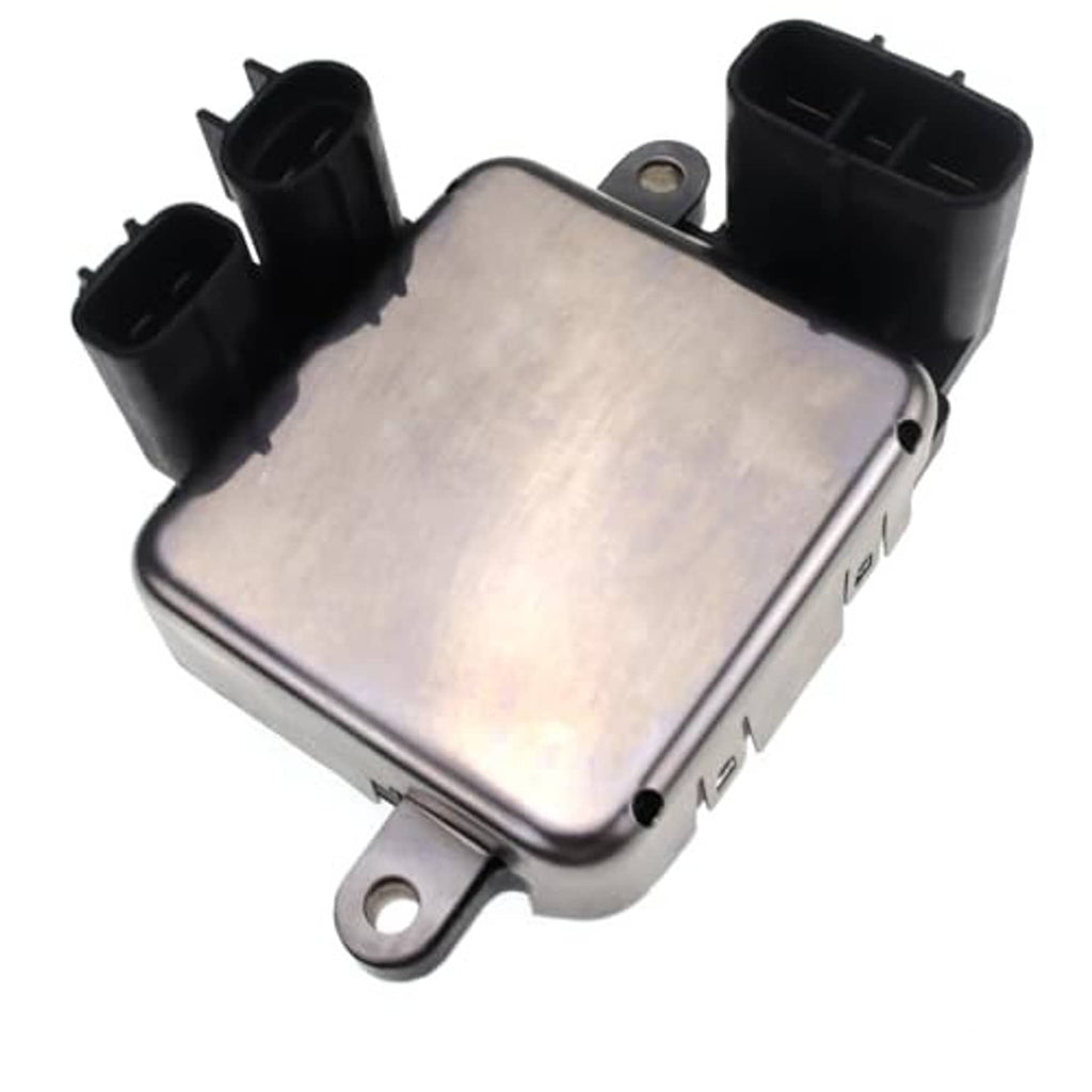 Radiator cooling fan control module with silver metal housing and three black connector housings