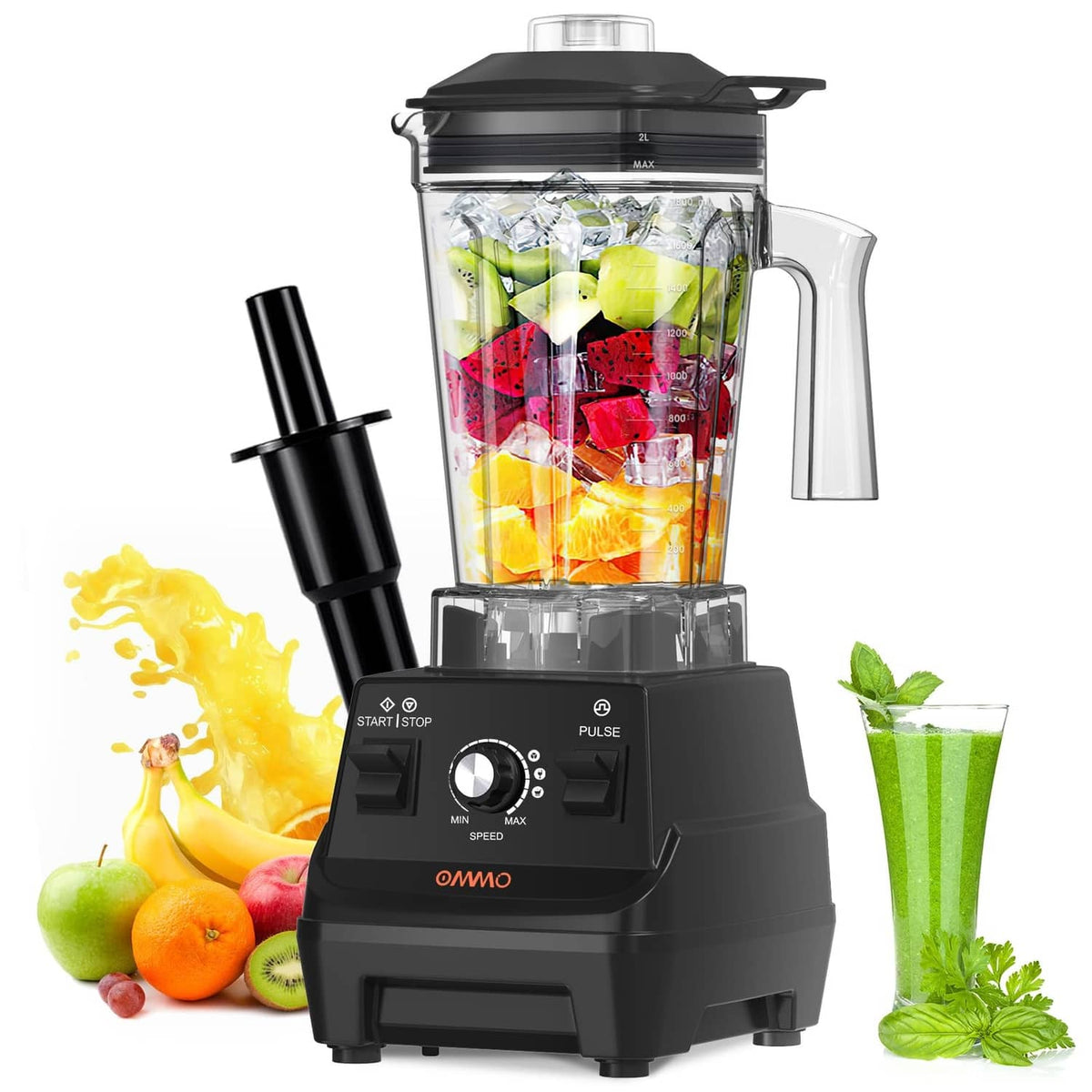 Black countertop blender with clear 60 oz jar and locking lid