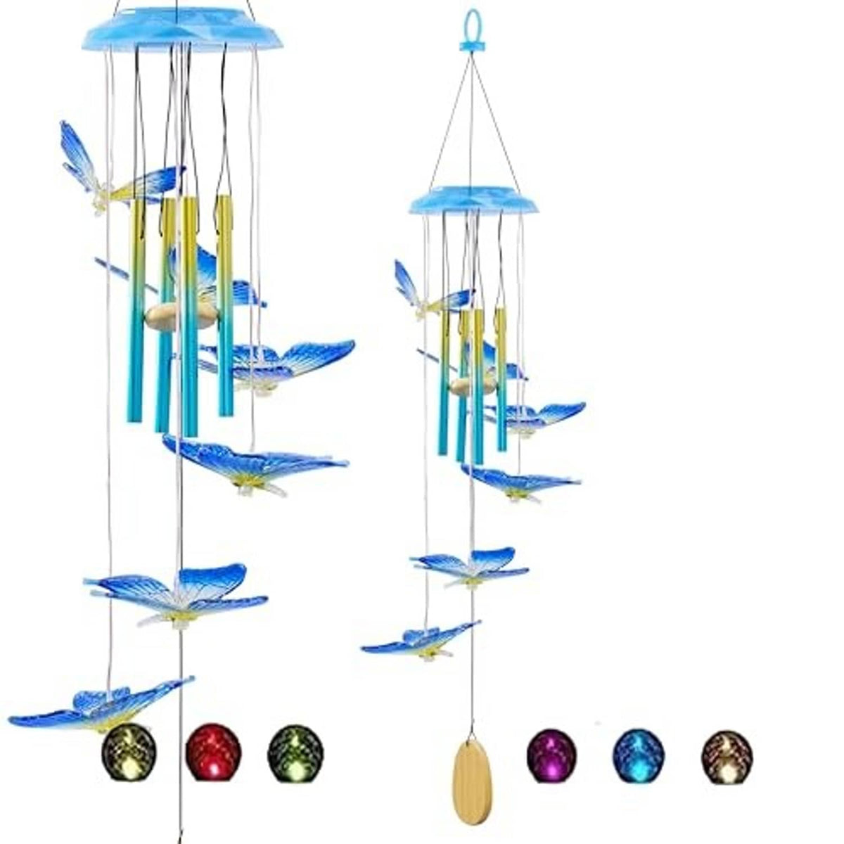 Blue solar wind chime with butterfly charms, hanging tubes, and round light dome