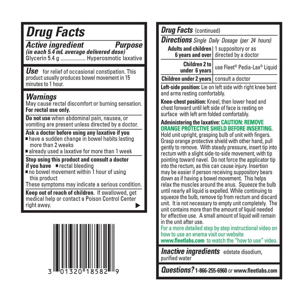 Drug Facts label for Fleet liquid glycerin suppositories, directions and warnings