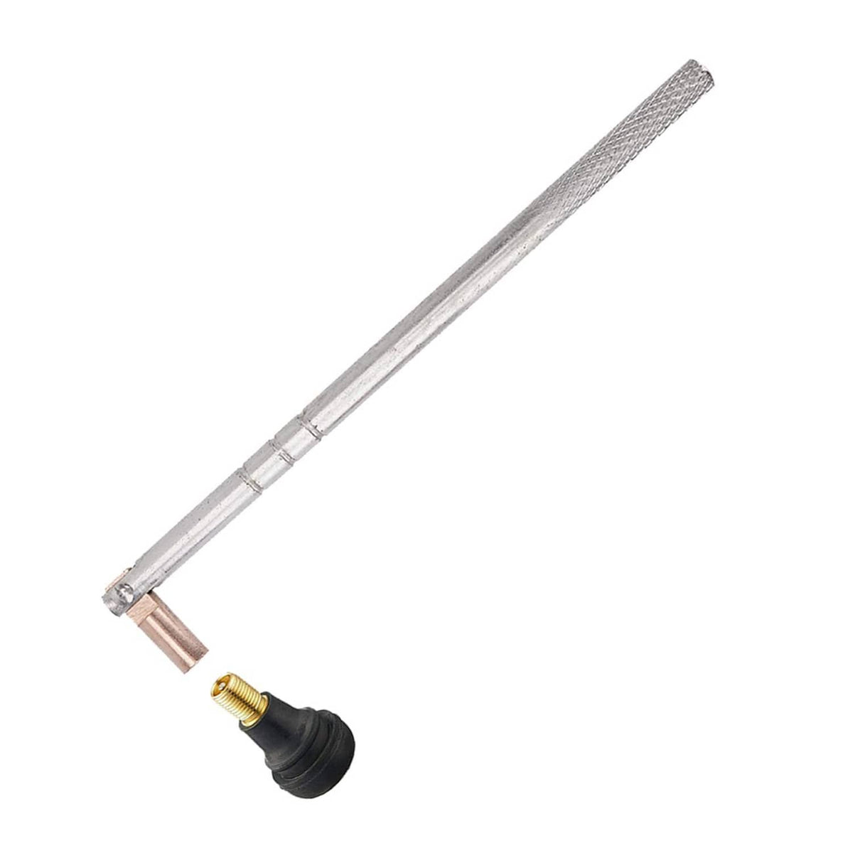 Metal tire valve stem remover tool with textured grip end and brass valve fitting