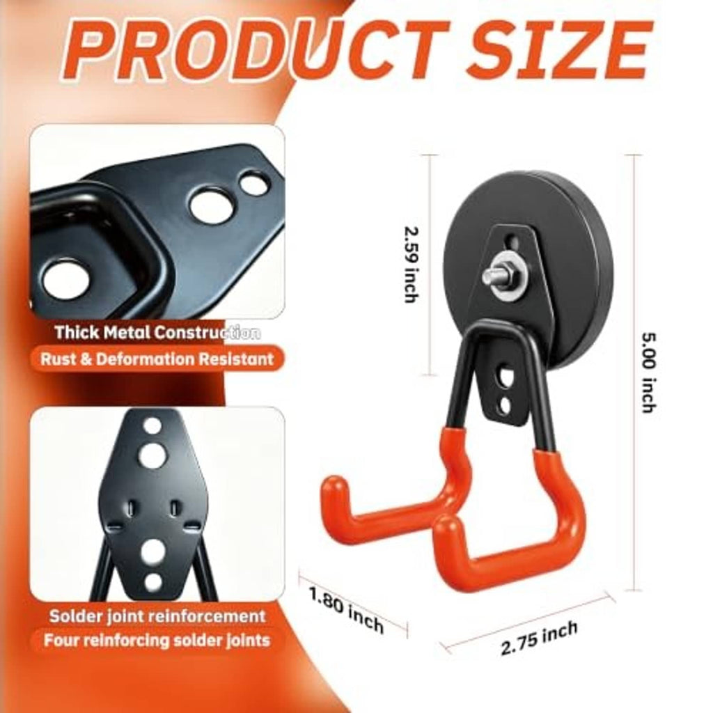 Black magnetic hook with orange rubber arms and metal mounting plate, product size view