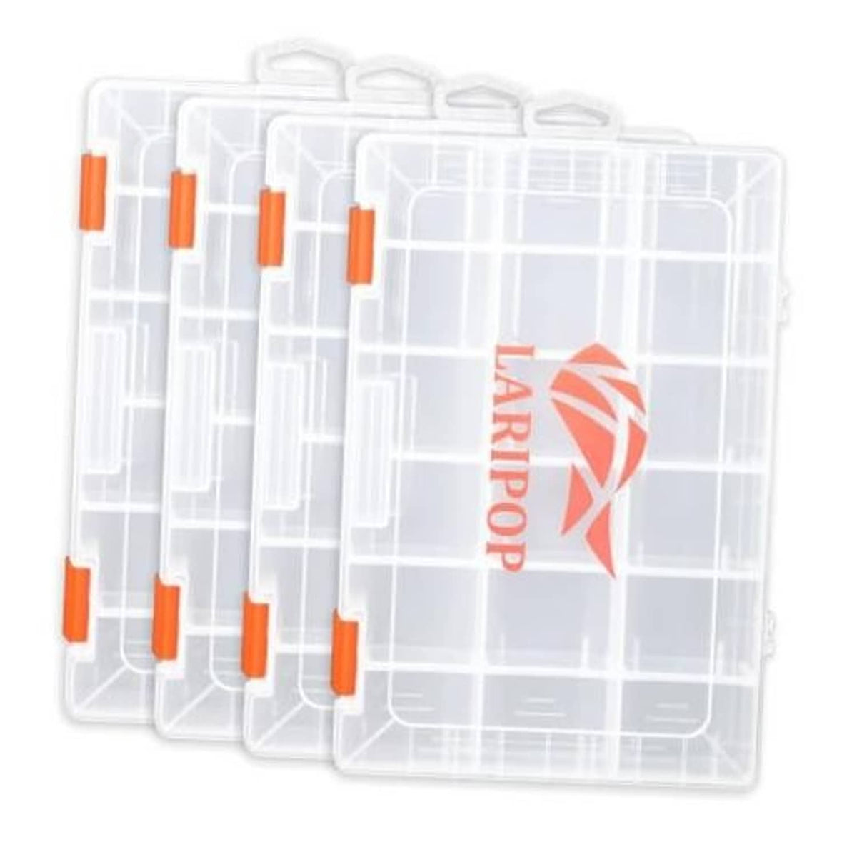 Clear fishing tackle boxes (4-pack) with orange latches and divided compartments