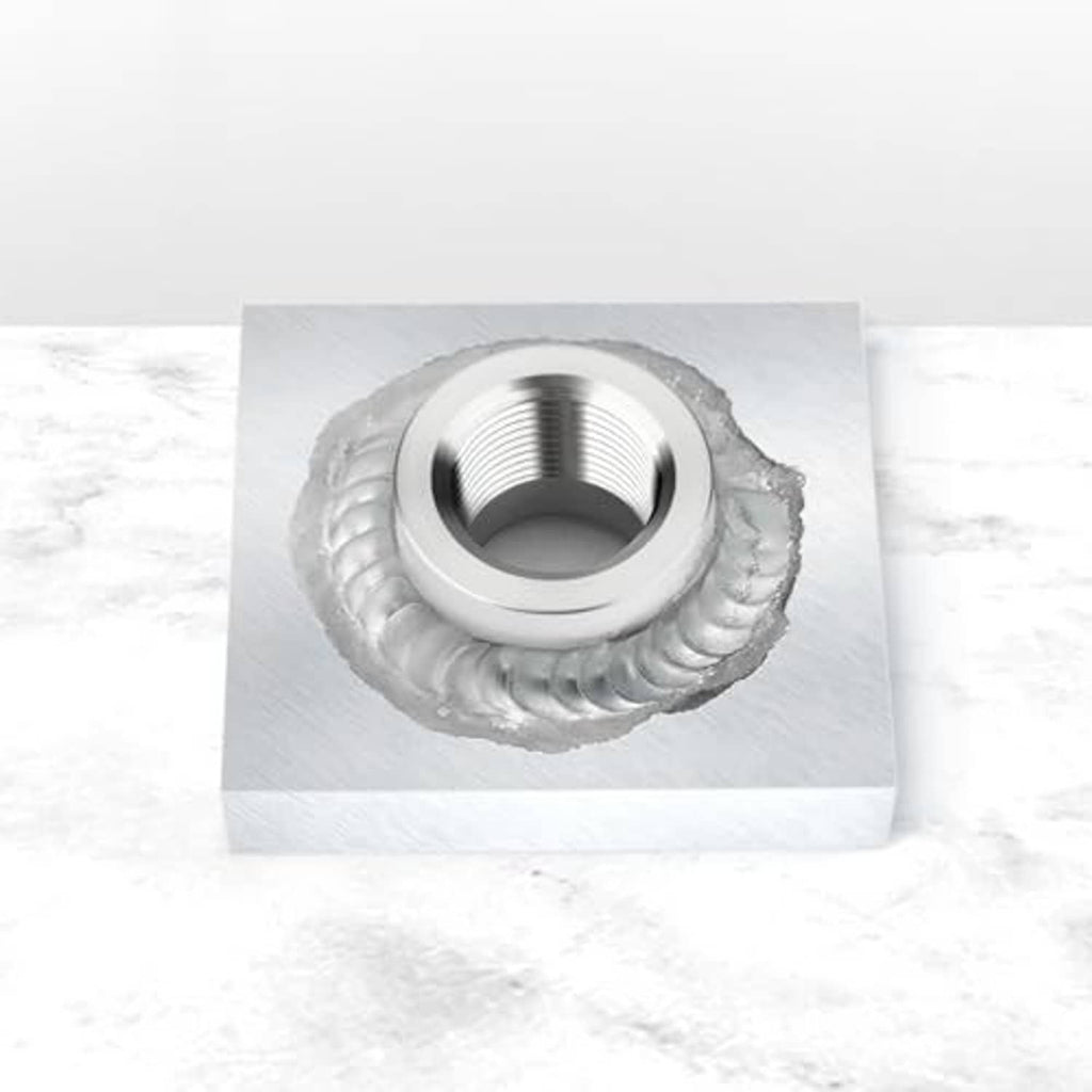 Aluminum weld-on bung with female 3/4" NPT threads welded onto metal plate