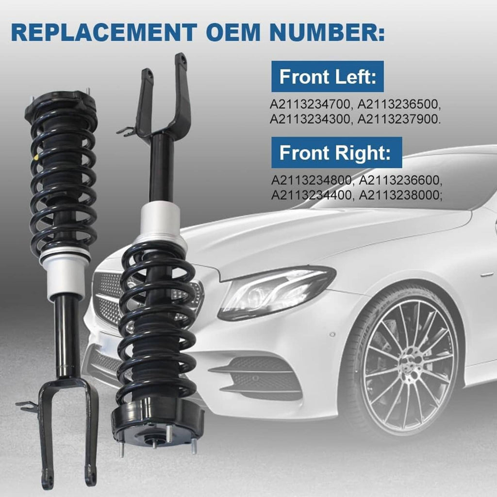 Front left and front right shock strut assemblies with black springs and white sleeves