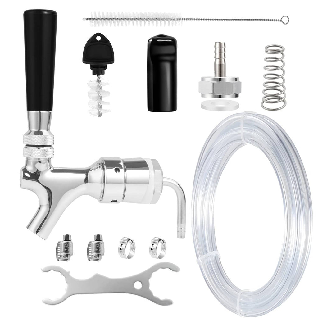 Stainless beer faucet shank kit with black handle, springs, hose line, and clamps