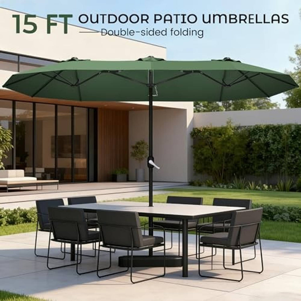 Outdoor patio umbrella with dark green double-sided canopy and central metal pole