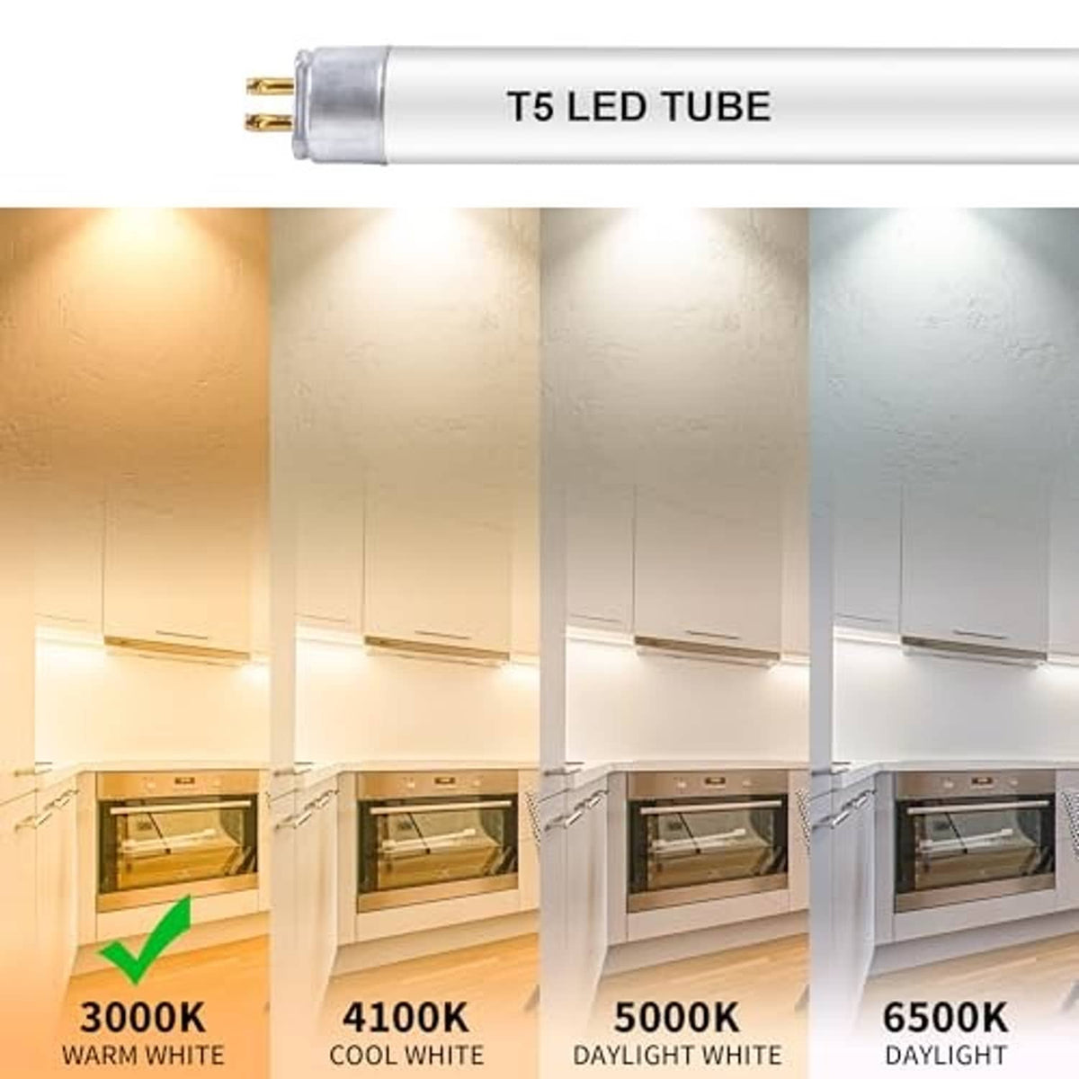 T5 LED tube showing 3000K warm white light with illustrated color temperature options