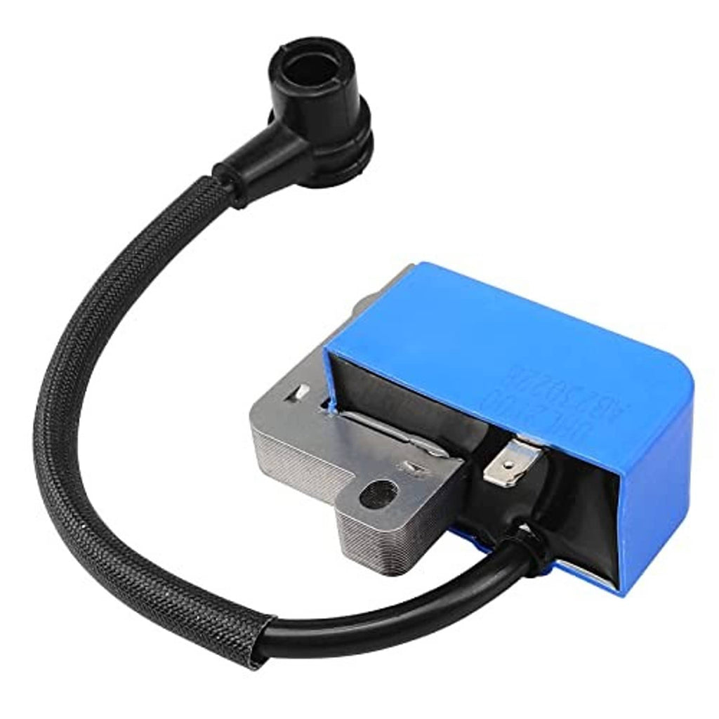 Ignition coil module with blue housing and black wire lead
