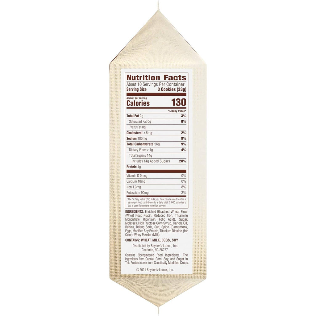 Nutrition Facts label on iced molasses cookies package back, about 10 servings