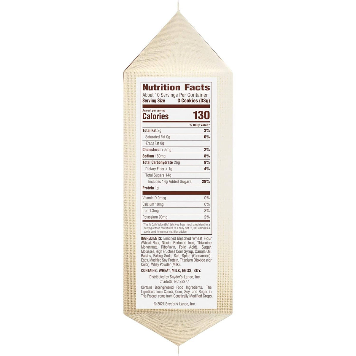 Nutrition Facts label on iced molasses cookies package back, about 10 servings