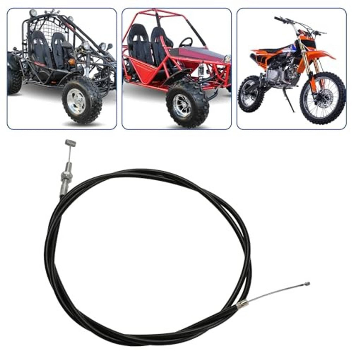 Universal throttle cable kit with black cable loop and silver adjuster hardware