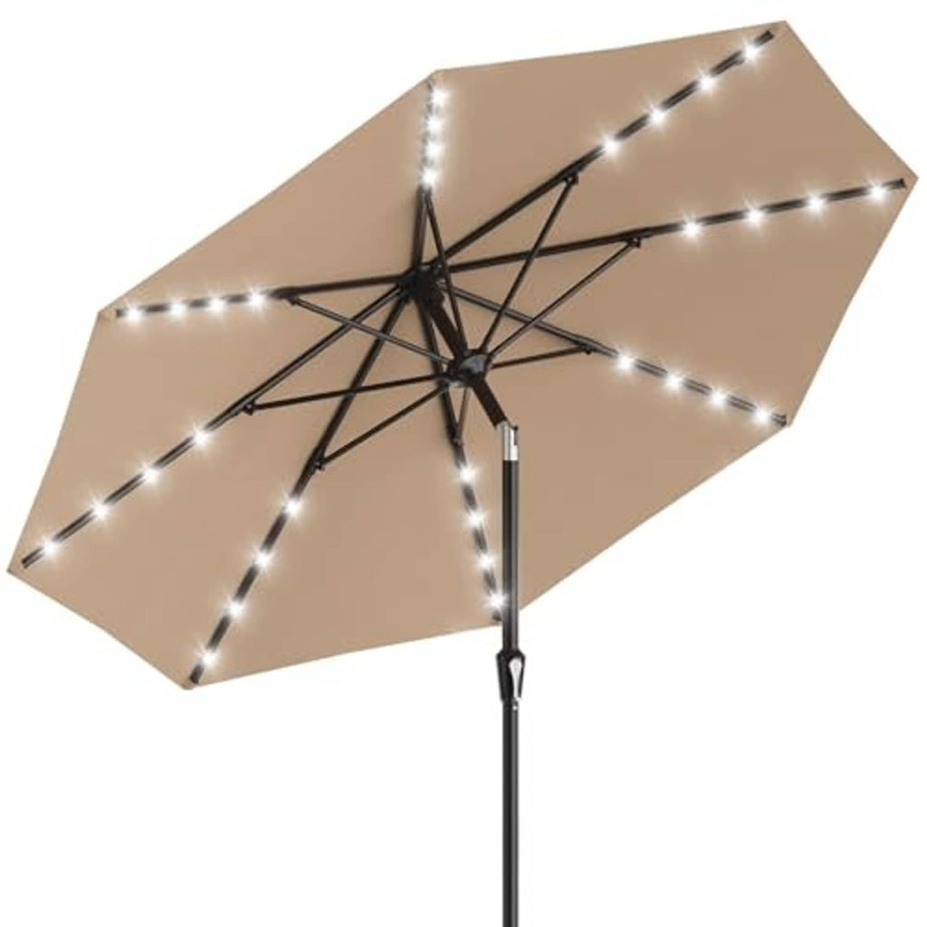 Beige patio umbrella with solar light dots along ribs and black support pole