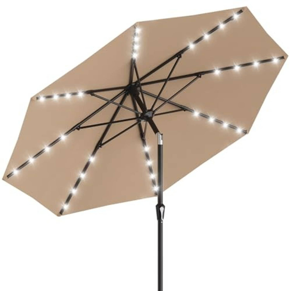 Beige patio umbrella with solar light dots along ribs and black support pole