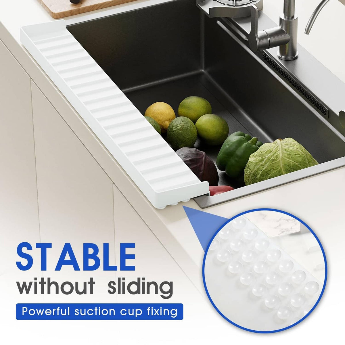 Transparent silicone sink edge protector with suction cup stabilizer, ridged channel
