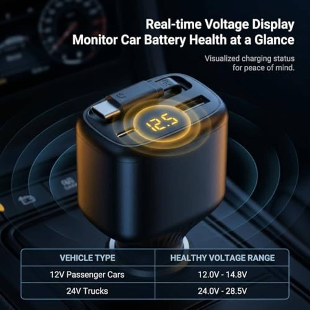 Black car charger with built-in voltage display and retractable USB-C cable