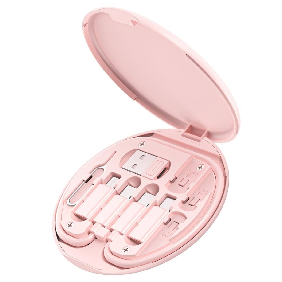 Pink charging cable kit in closed oval travel case with connector compartments