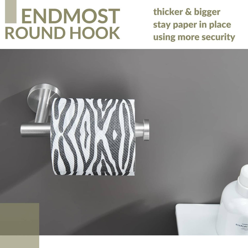 Brushed nickel stainless toilet paper holder with end hook and striped roll