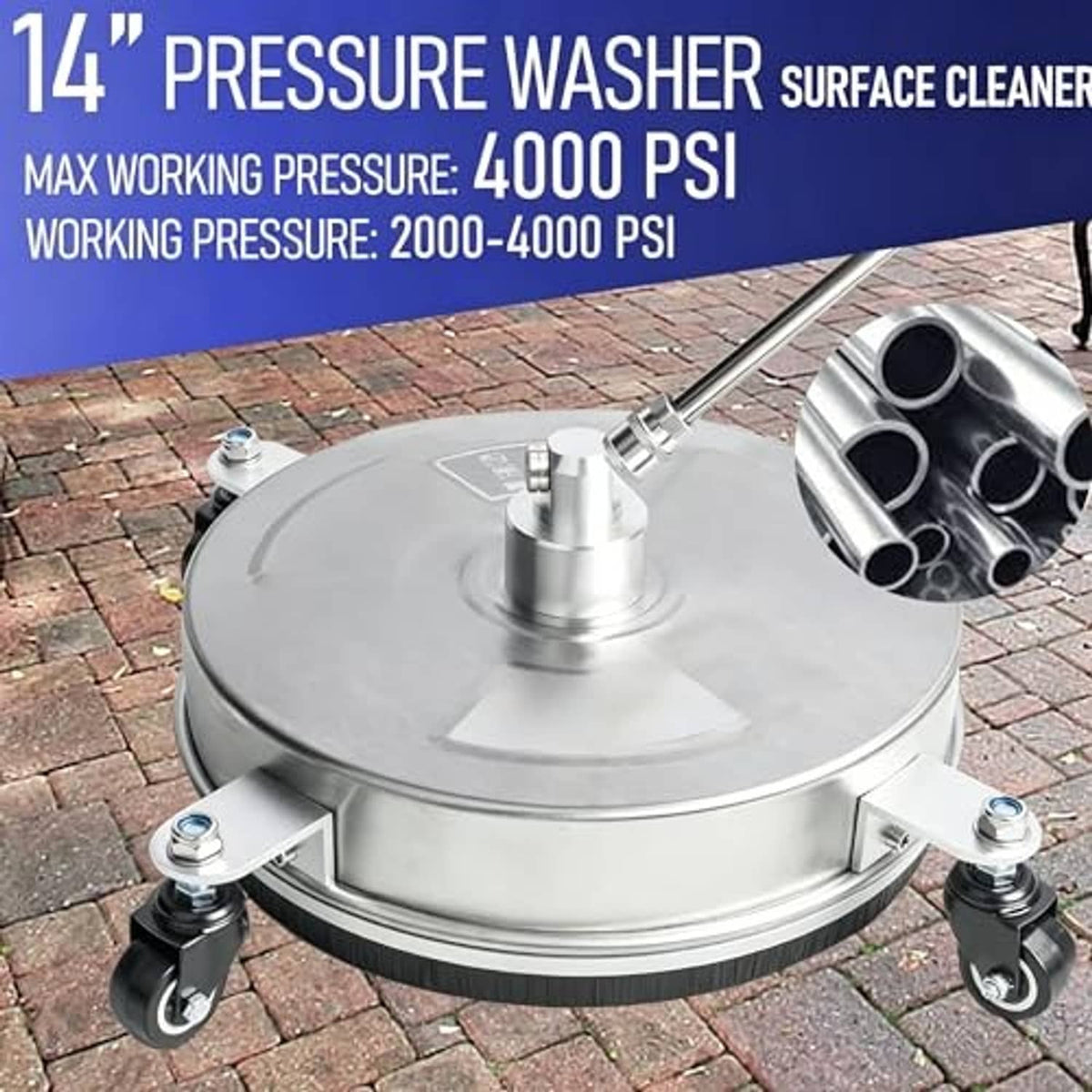 Stainless steel 14-inch pressure washer surface cleaner with central nozzle and four casters
