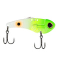 Blade fishing lure, white and chartreuse body with orange eye, two treble hooks
