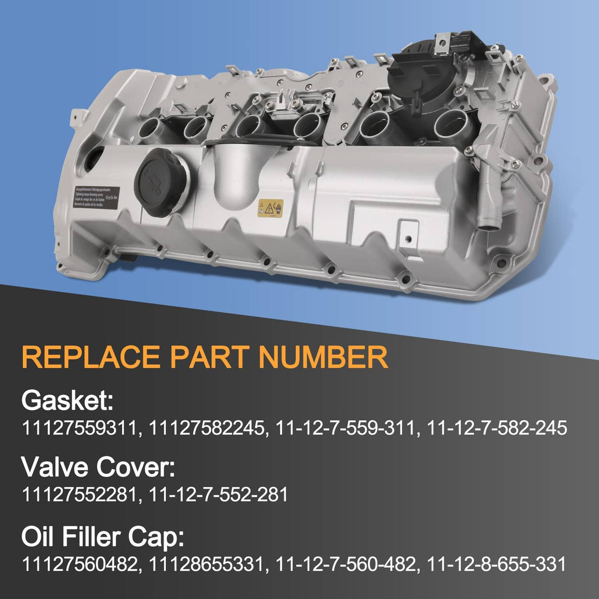 Silver aluminum engine valve cover with oil filler cap and multiple mounting holes