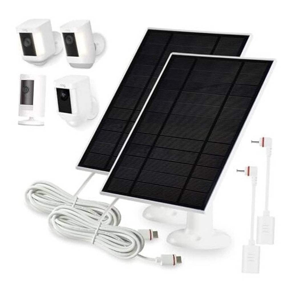 Solar panel charger kit with two solar panels, stands, cables, and wall mount accessories