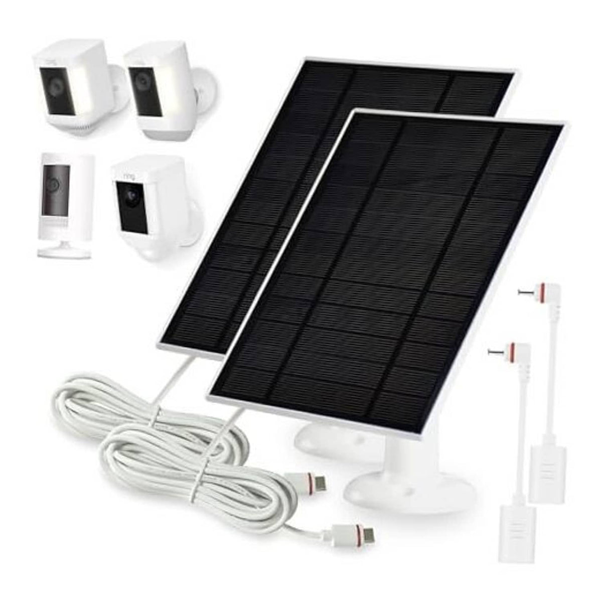 Solar panel charger kit with two solar panels, stands, cables, and wall mount accessories