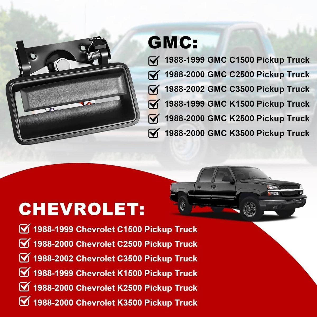 Black tailgate handle latch bezel kit shown with vehicle compatibility graphic