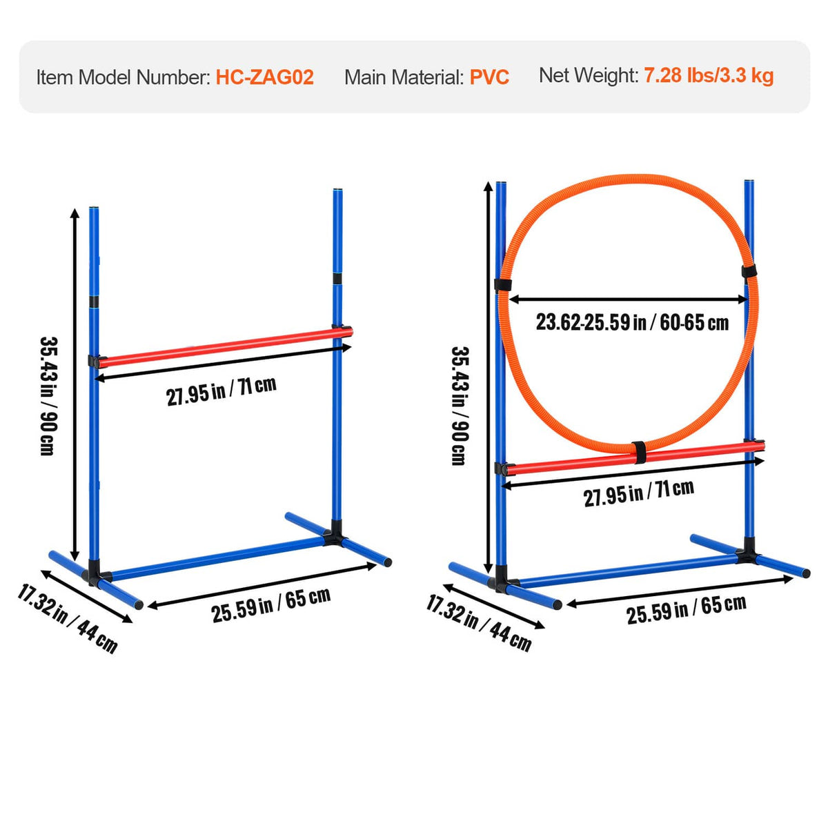 Dog agility hurdle and hoop jump obstacle with size measurements, blue frame and orange ring