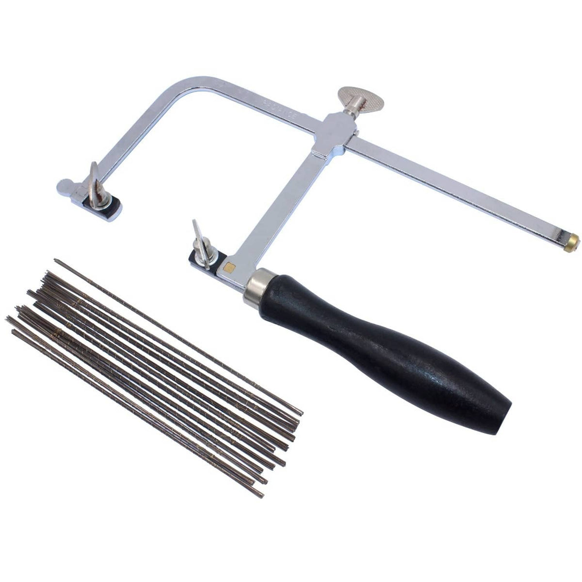 Adjustable jeweler's saw frame with black grip handle and metal blade holder