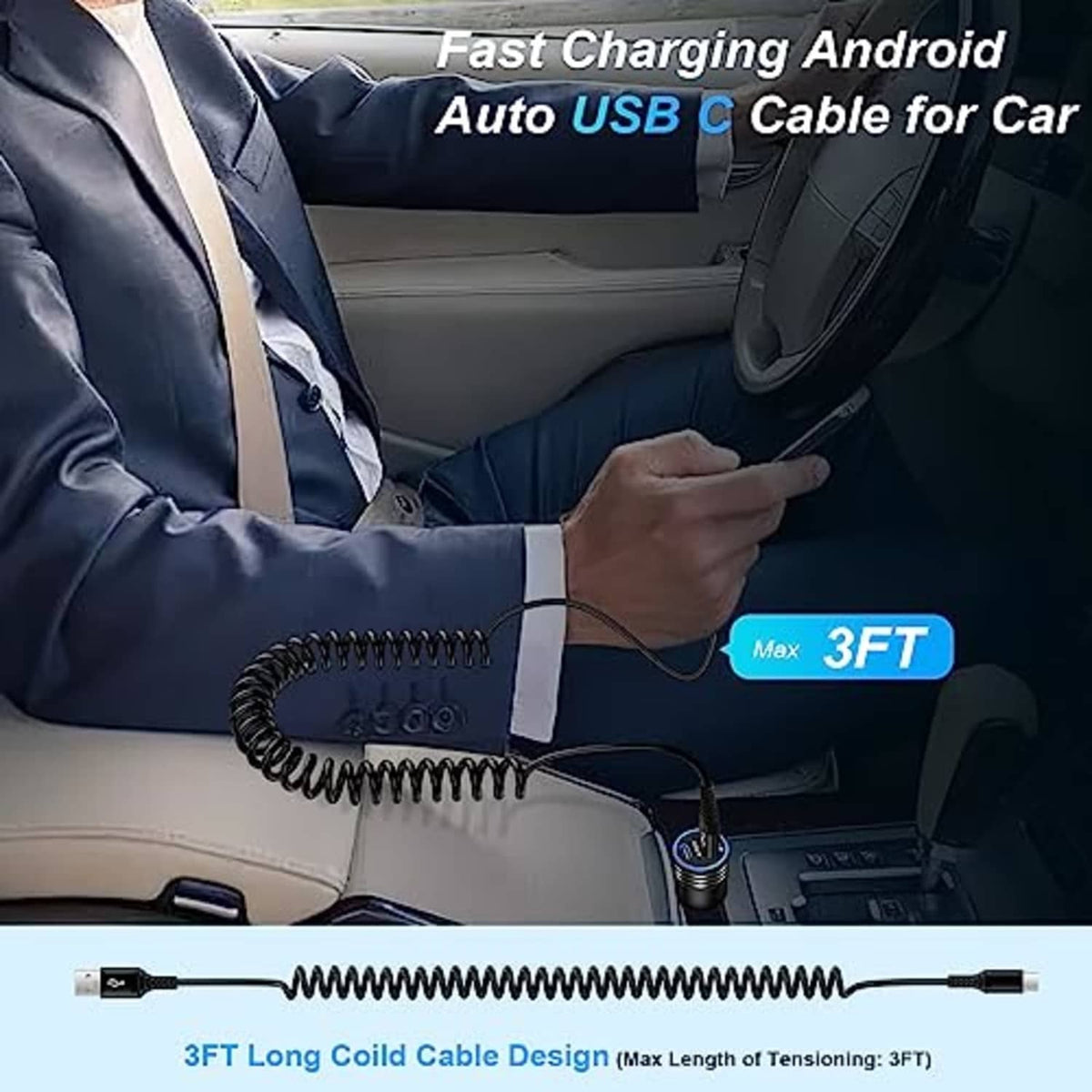 Black coiled USB-C cable in car, connected to a phone for charging.