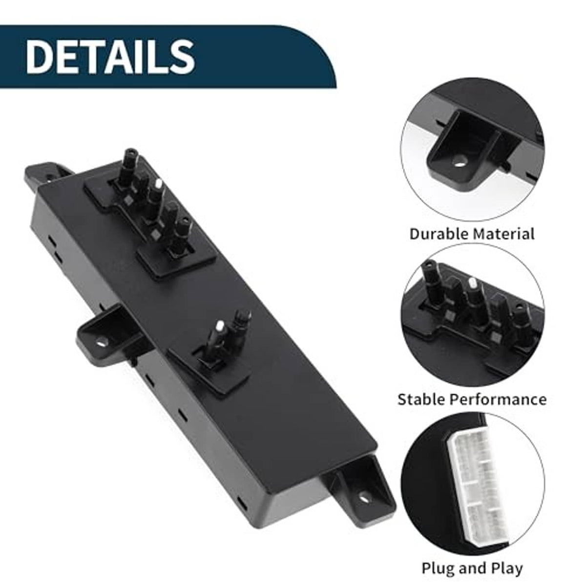 Power seat switch module with mounting tabs and top relay-style pin connectors