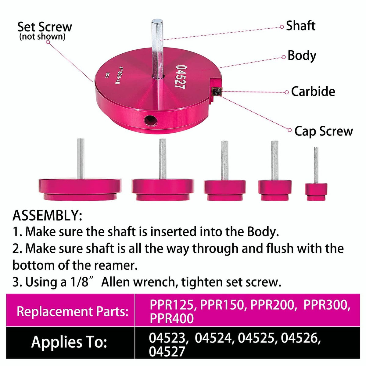 Plastic pipe fitting reamer with carbide insert parts in magenta, including shaft and cap screw