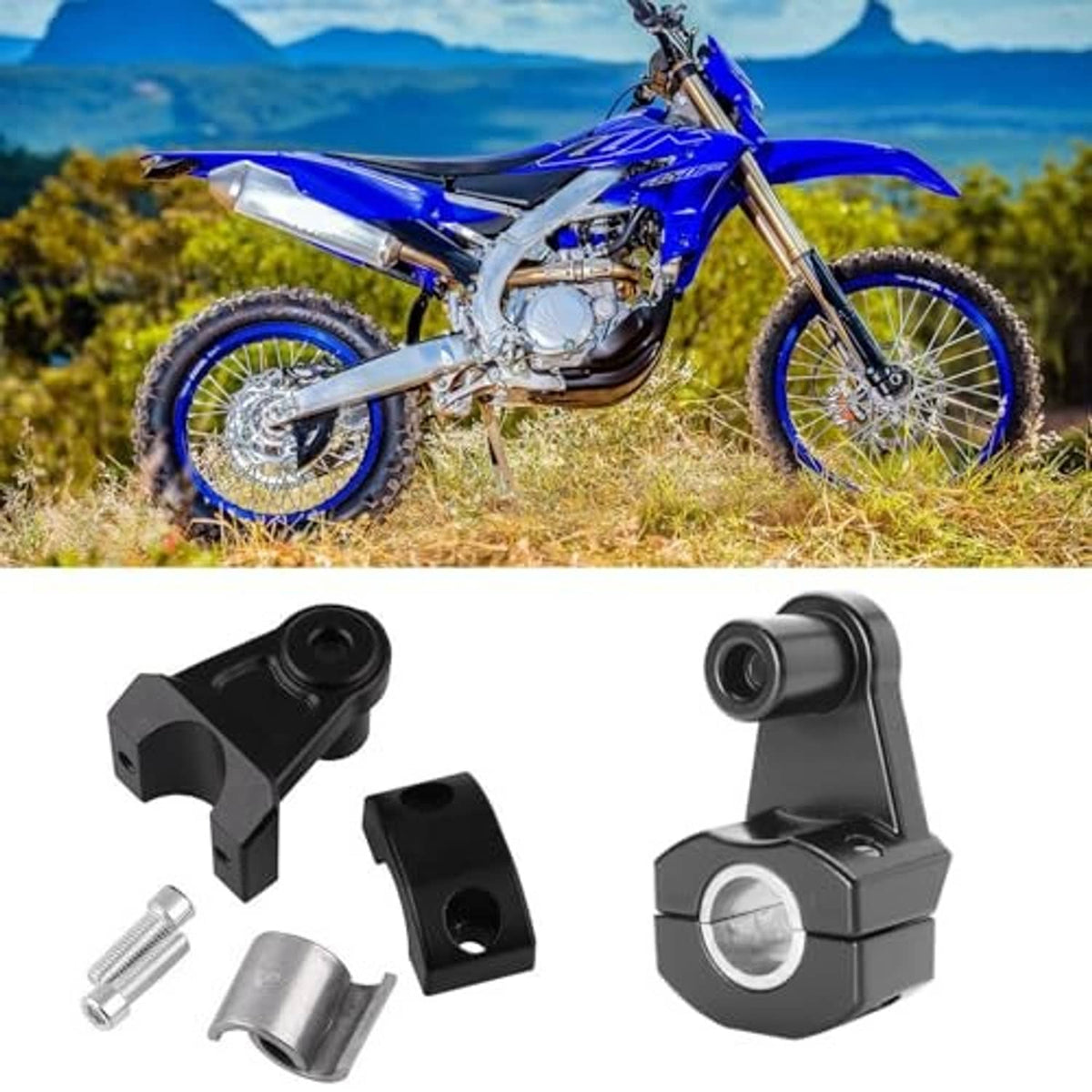 Black pivoting handlebar clamp riser set with bolts and silver sleeve spacers